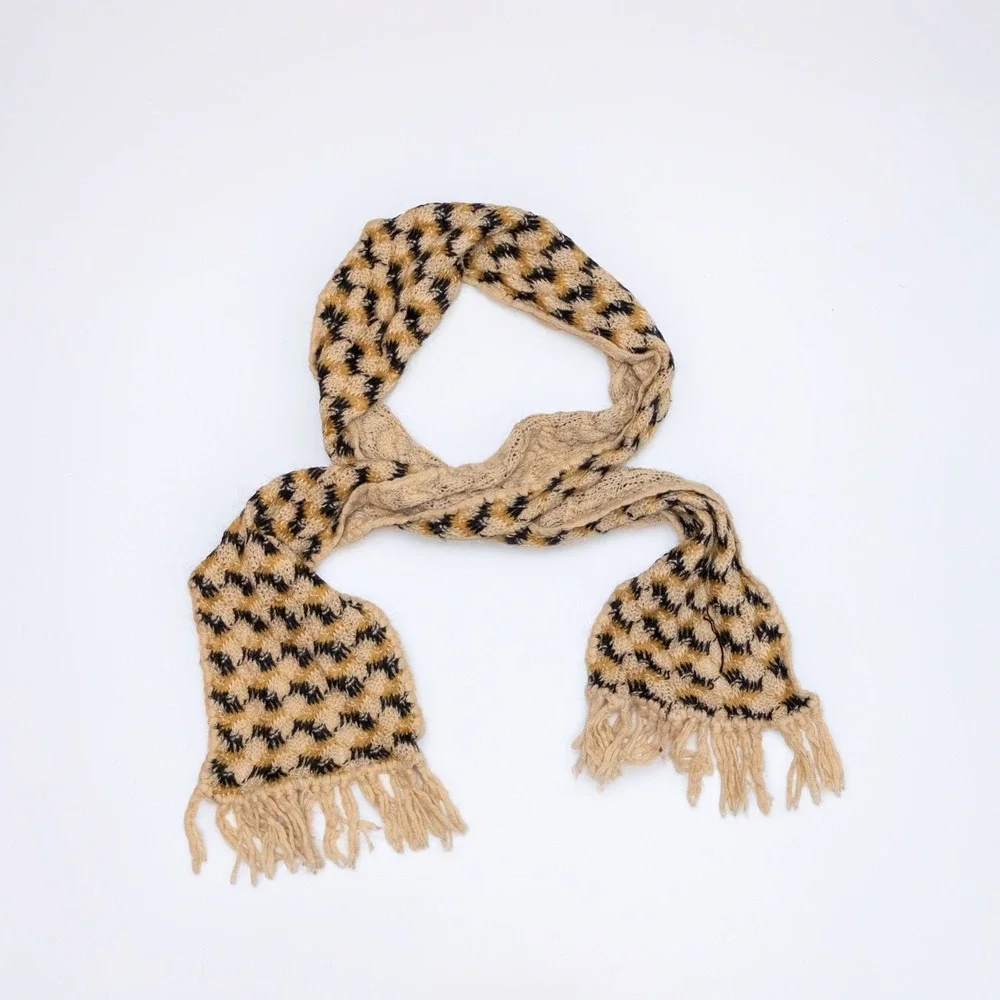 Missoni Beige & Black‎ Patterned Knit Wool Scarf with Fringe Trim
